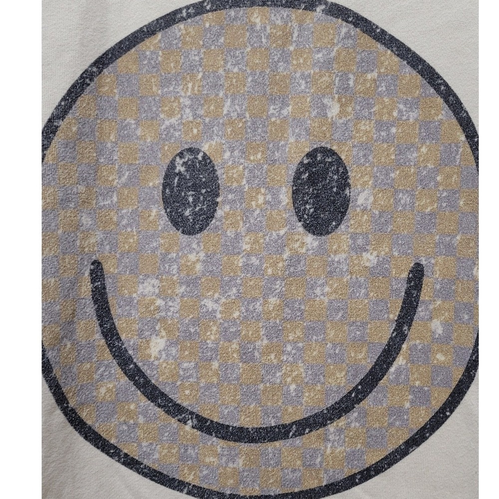 Pink Lily Smiley Face Checkered Graphic Sweatshirt Tan Oversized Crewneck MA702